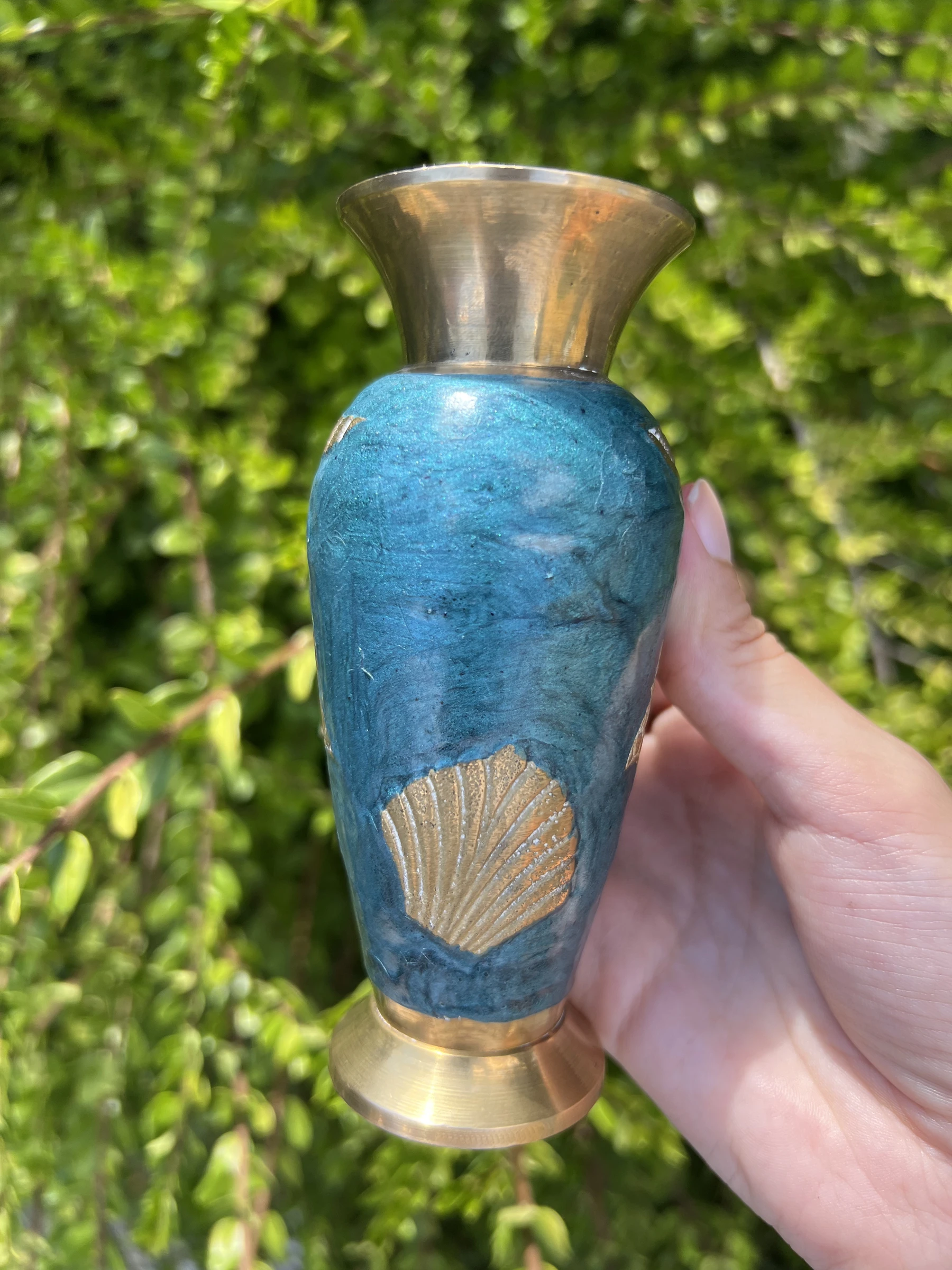 🐚 Vintage vaas van geëmailleerd messing blauw schelp zeester 12,5 cm – photo 9